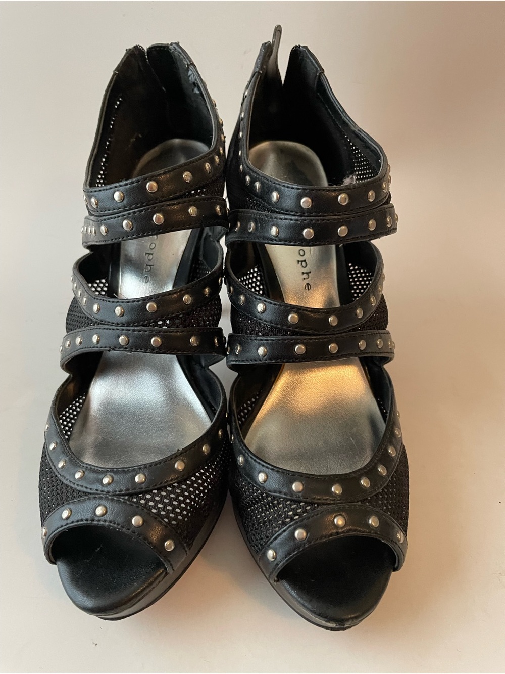 Apostrophe Black Studded Peep-Toe Strappy Heels